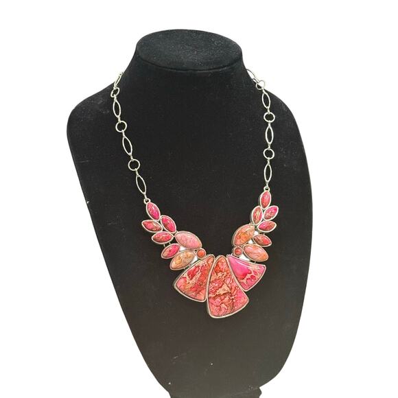 Vintage Sterling Silver Pink Magnesite Statement Collar Necklace Toggle Clasp - Picture 11 of 11